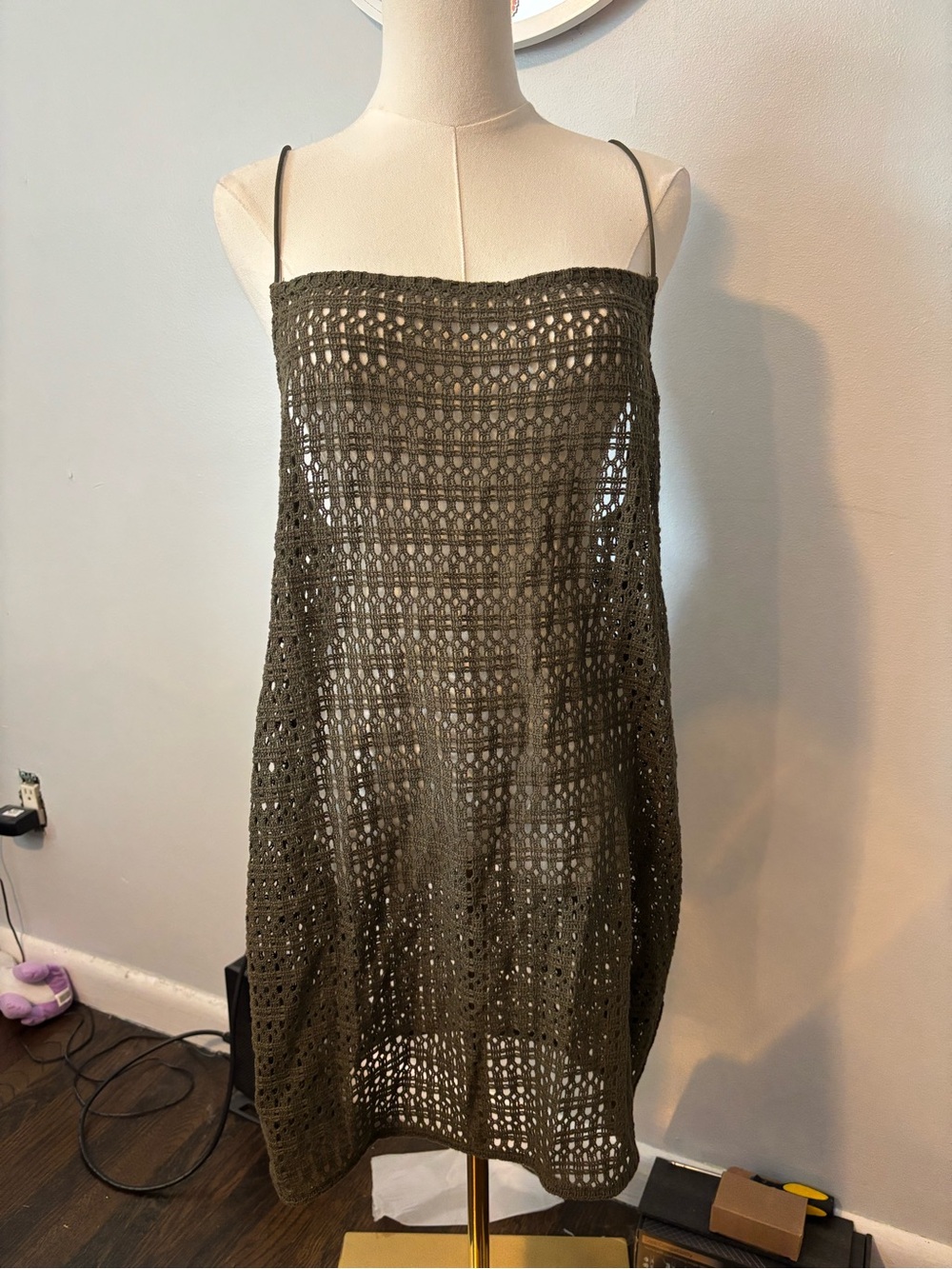 H&M Olive Crochet Tank Dress with Spaghetti Straps